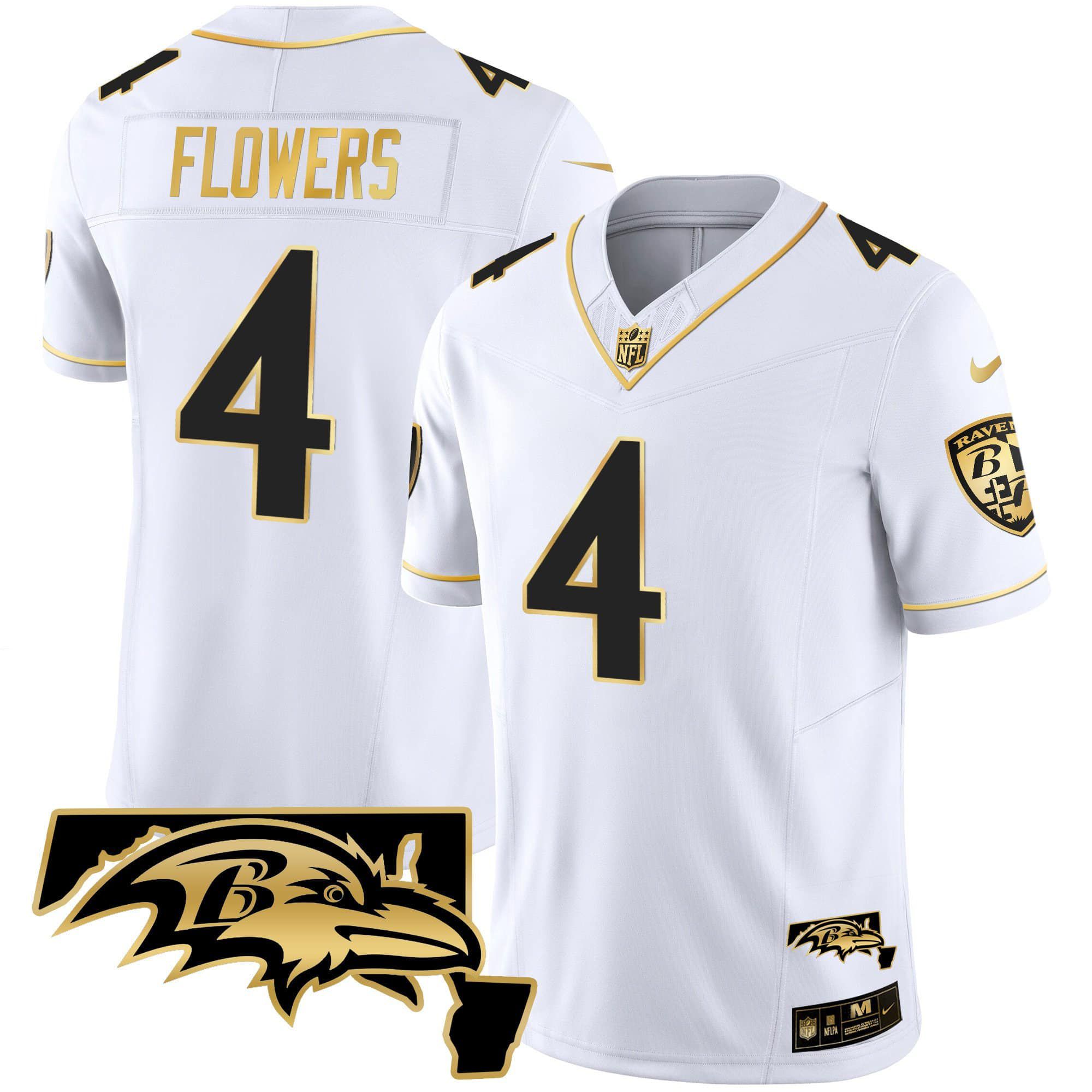 Men Baltimore Ravens #4 Flowers White Gold 2024 Nike Maryland Patch Vapor Limited NFL Jersey